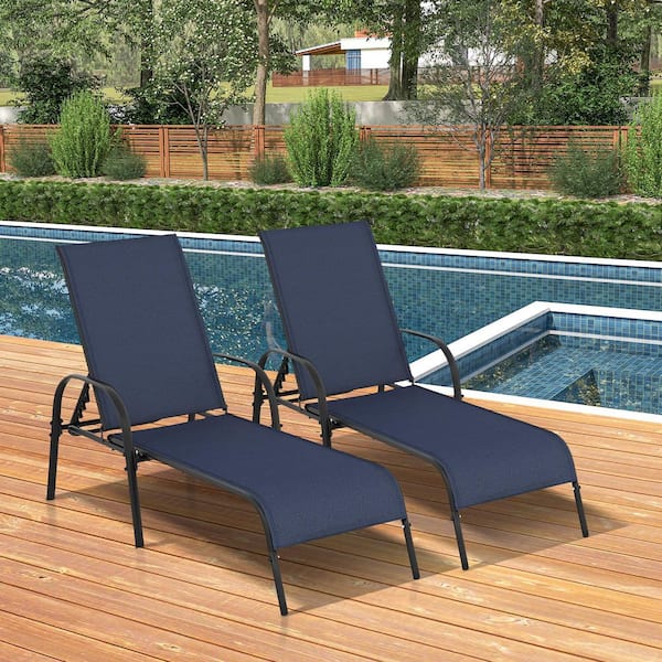 ANGELES HOME Patio Steel Outdoor Lounge Chair with 5-Position Adjustable Reclining Armrest in Navy Set of 2