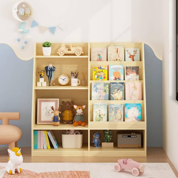 Kervens 34.65 in. Tall Natural Wood 3-Shelf Storage Bookcase