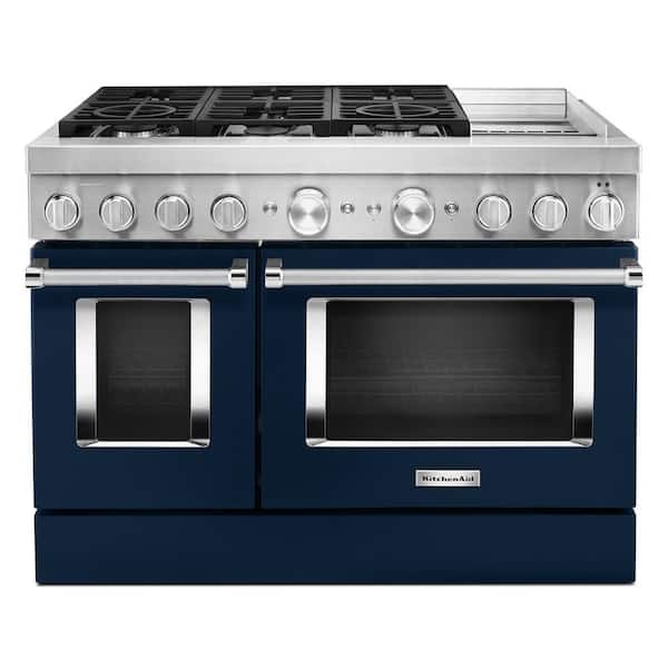 KitchenAid 48 in. 6.3 cu. ft. Smart Double Oven Dual Fuel Range with True Convection in Ink Blue with Griddle