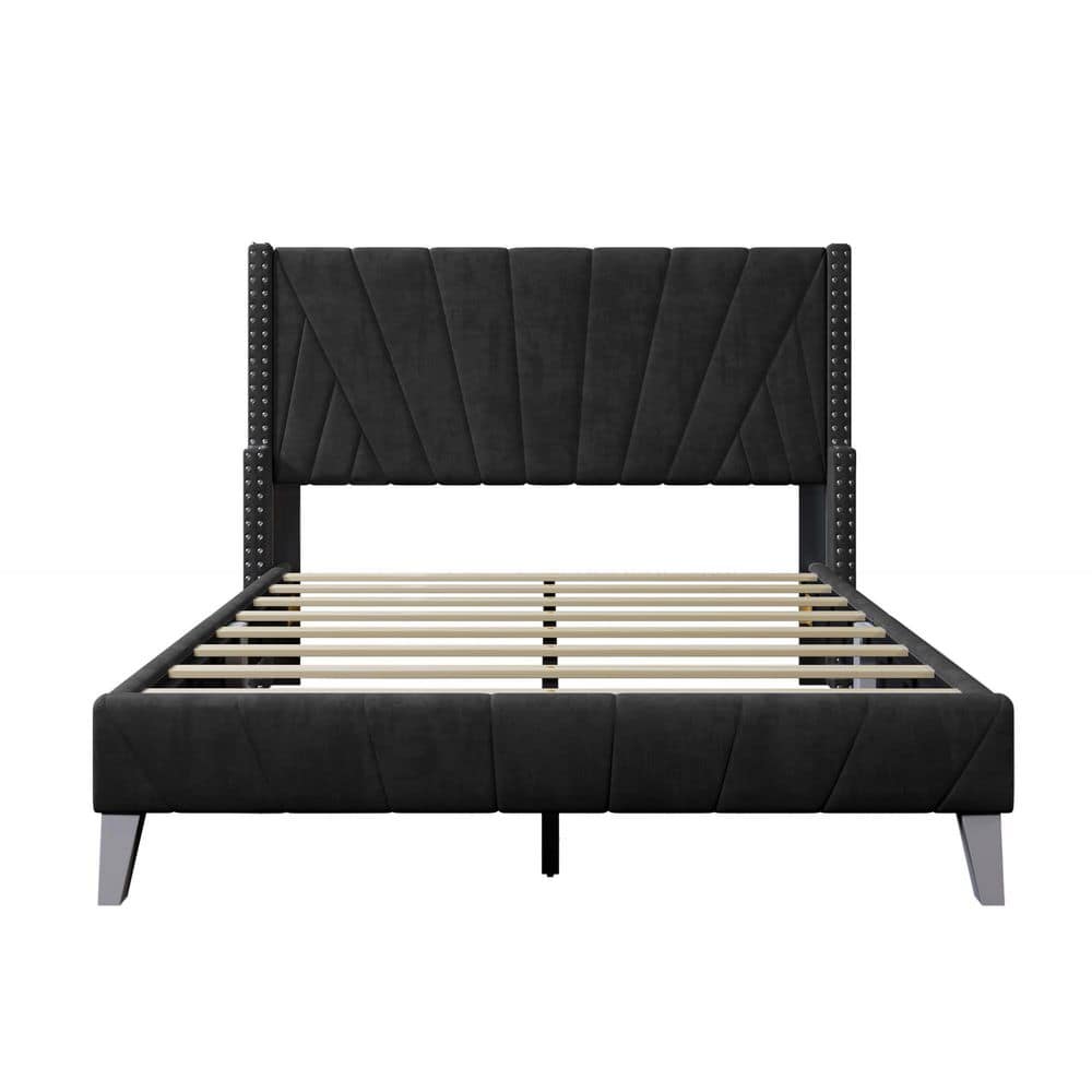 ANBAZAR Black Wood Frame Full Size Upholstered Platform Bed with Side ...