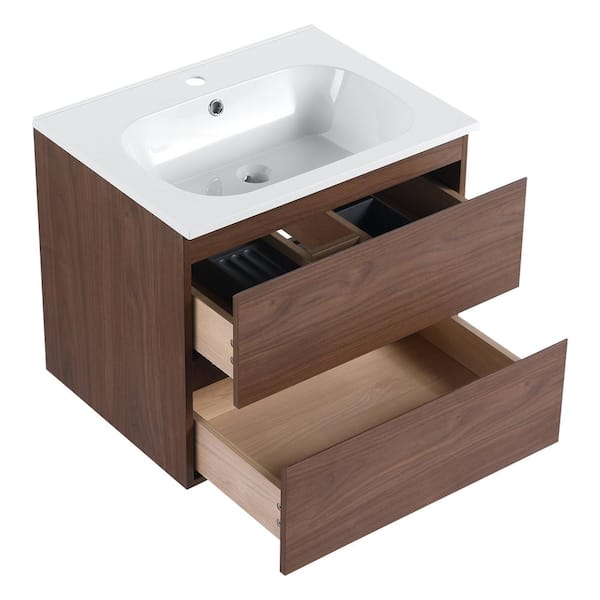INSTER PETIT 24 in. W x 18.1 in. D x 20.25 in. H Single Sink Wall Mount Bath Vanity in Dark Oak with White Gel Resin Top Sink