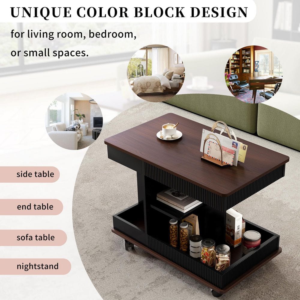 White and Brown 17.7 in. Rectangle Wood Modern End Table with Wheels, 360°Rotating Top Sofa Side Table - thumbnail 9