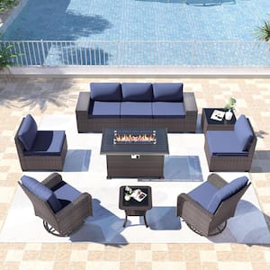 10-Piece Wicker Outdoor Patio Conversation Set with 55000 BTU Propane Fire Pit Table and Swivel Rocking Chairs, Navy