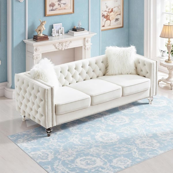 Chic 83.07 in. Square Arm Velvet 3-Seater Rectangle Sofa Couch with Tufted Buttons, Nailhead & Acrylic Legs in. White