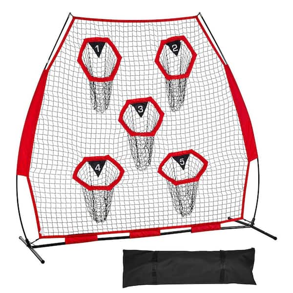 7 x 7 ft. Football Trainer Net with 5 Target Pockets, Knotless Throwing Practice Net with Straps & Carry Case in. Red
