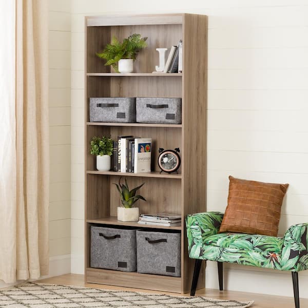 South Shore 71.25 in. Rustic Oak Faux Wood 5-shelf Standard Bookcase ...