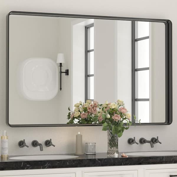 TETOTE 48 in. W x 24 in. H Rectangular Aluminum Framed Wall Mount Bathroom Vanity Mirror in Black