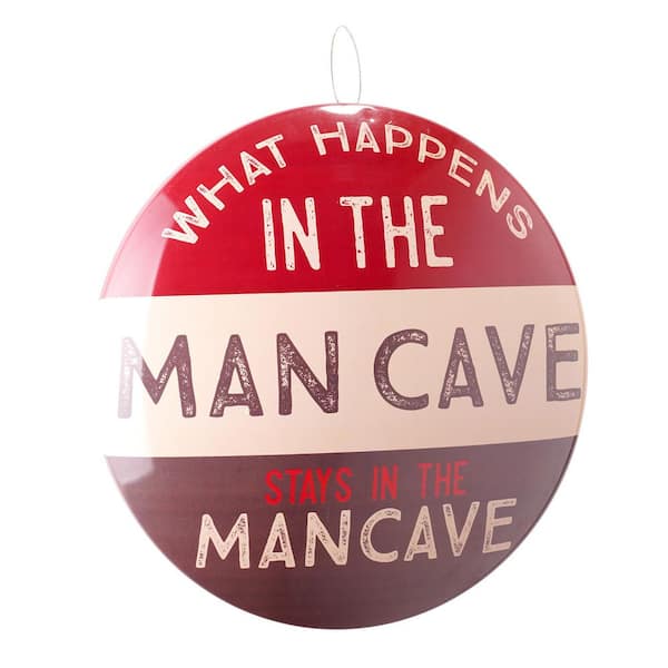 American Art Decor Dome Shaped Metal Wall Art Sign-Man Cave, Garage, Game Room (What Happens in the Man Cave)Red, 15" H x 15" L