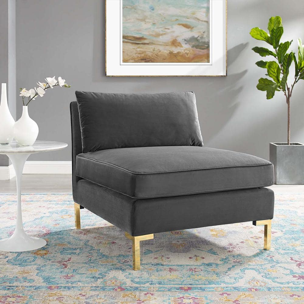 Gray Velvet Armless Chair with Gold Metal Legs