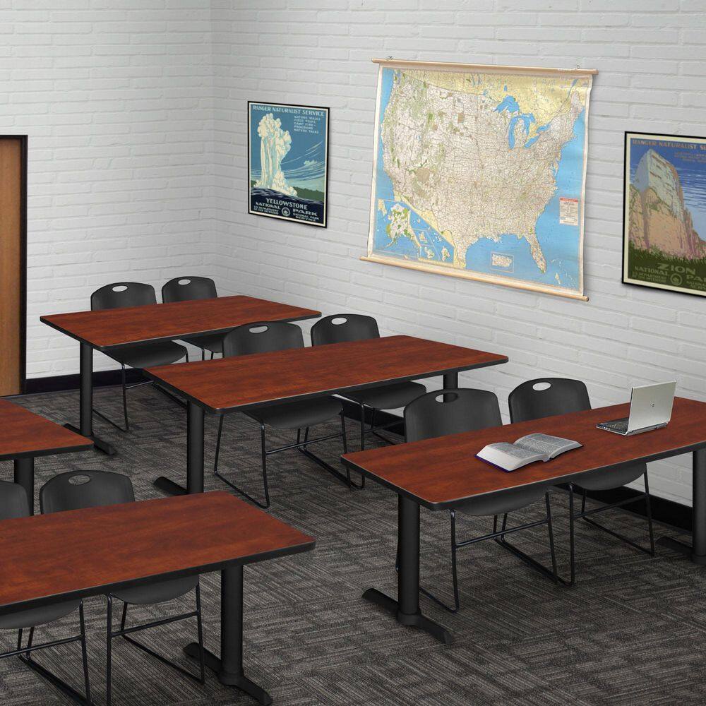 Cain 60 in. x 24 in. Cherry T-Base Training Seminar Table Desk and 2 Zeng Stack Chairs-Black