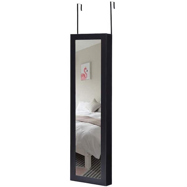 HONEY JOY Black Wood Wall Door Mounted Mirrored Jewelry Cabinet Standing Vanity Organizer