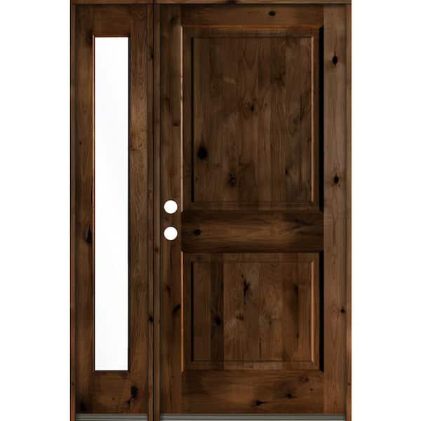 Krosswood Doors 56 in. x 80 in. Rustic knotty alder Right-Hand/Inswing Clear Glass Provincial Stain Wood Prehung Front Door w/Sidelite
