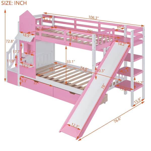 Pink Twin-Over-Twin Castle Style Bunk Bed with 2-Drawers 3 Shelves and Slide