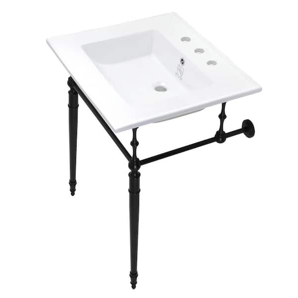 Edwardian Ceramic White Console Sink Basin and Leg Combo in Matte Black