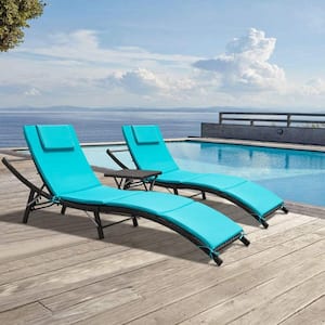 Blue 3-Piece Metal Outdoor Patio Long Adjustable Reclining Chaise Lounge with Blue Cushions and Coffee Table