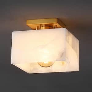 Chiara 8 in. 1-Light Modern Contemporary Alabaster/Iron Square LED Semi Flush Mount, White Marbling/Brass Gold