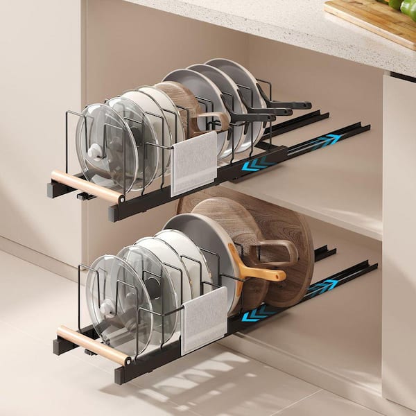 Black Expandable Pull Out Pots and Pans Organizer Under Cabinet with 10 Adjustable Dividers 2 Pack