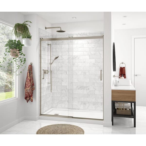 Revelation Round 59 in. W x 73 in. H Sliding Shower Door/Enclosure Alcove in Brushed Nickel with Clear Glass