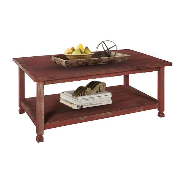 Country Cottage 42 in. Red Large Rectangle Wood Coffee Table with Shelf