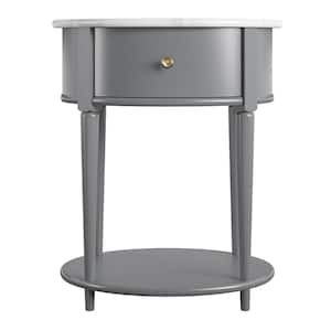 Abelia 21.6 in. Graphite Gray with Faux Marble Top Round End Table with Drawer and Shelf