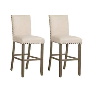 44.5in. Rustic Brown and Beige Solid Back Wood Frame Bar Stools with Nailhead Trim (Set of 2)