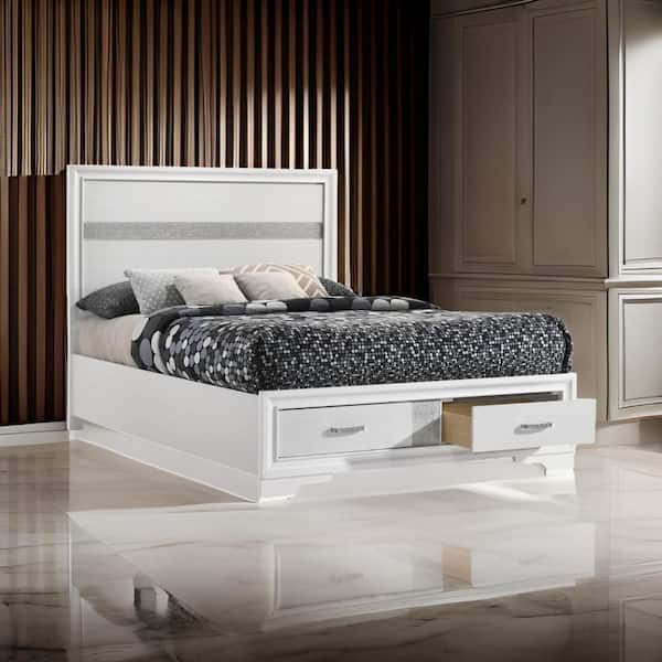Vino White and Silver Wood Frame Full Size Panel Bed with Storage