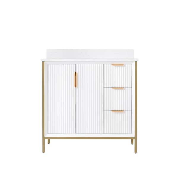 36 in. W x 22 in. D x 35 in. H Solid Wood Modern Bathroom Vanity in White with Gold Trim, Quartz Top with Single Sink