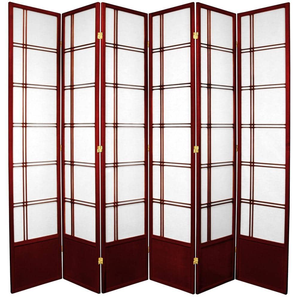 Front view of a 6-panel rosewood room divider with white rice paper screens.
