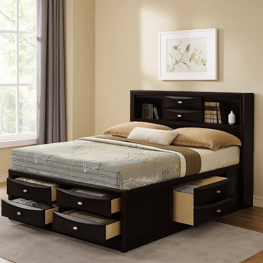 Benjara Simo Black Wood Frame Full Panel Bed with Transitional Panel ...
