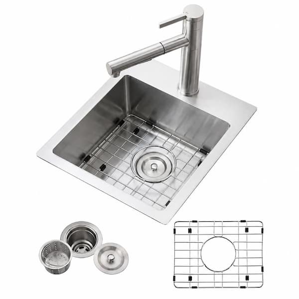 15 in. Drop-In Single Bowl 18-Gauge Brushed Nickel Stainless Steel Outdoor Bar Sink with Accessories, 9 in. Deep