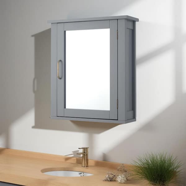 Mercer Mid Century Modern 18.11 in. W x 6 in. L x 20.62 in. H Wooden Wall Medicine Cabinet with Mirror in Gray