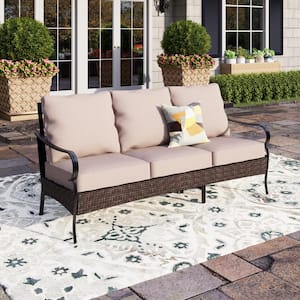 Black Metal Frame Dark Brown Rattan Wicker Outdoor Patio 3 Seat Sofa Couch with Beige Cushions