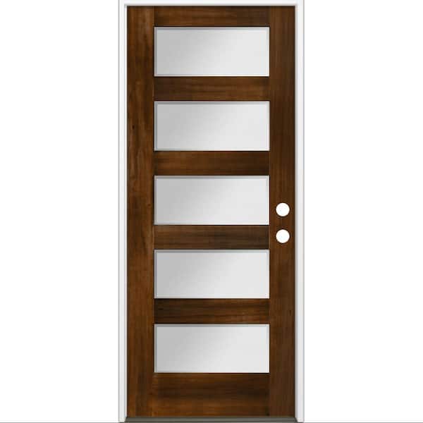 36 in. x 80 in. Modern Hemlock 5-Lite Left-Hand/Inswing Frosted Glass Provincial Stain Wood Prehung Front Door