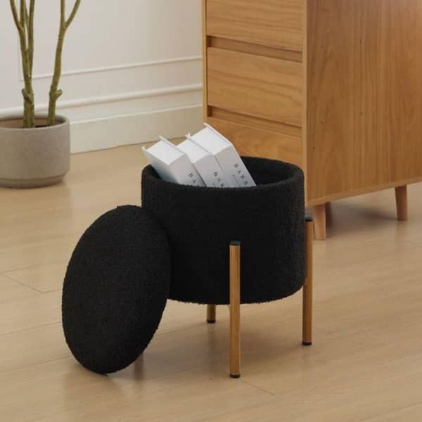 Modern Round Footstools with Metal Base Storage Ottoman with Removable Lid for Living Room, Bedroom, Black