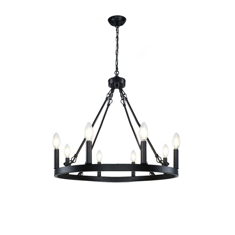 23.6 in. 8-Light Black Farmhouse Rustic Modern Wagon Wheel Chandelier for L