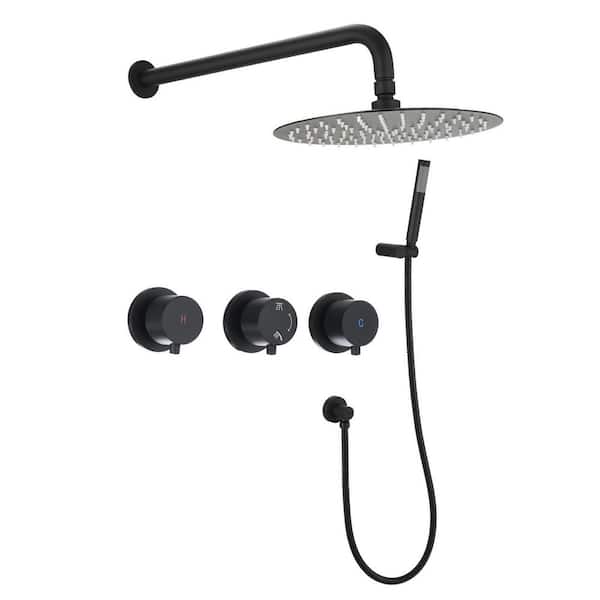 PROOX 3-Handle 2-Spray Round High Pressure Shower Faucet with 10 in. Rain Shower Head in Matte Black (Valve Included)