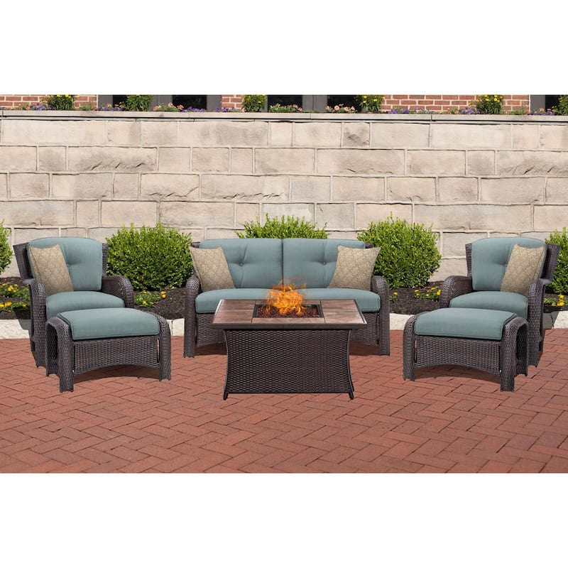 Strathmere 6-Piece Woven Patio Seating Set with Tile-Top Fire Pit and Ocean Blue Cushions