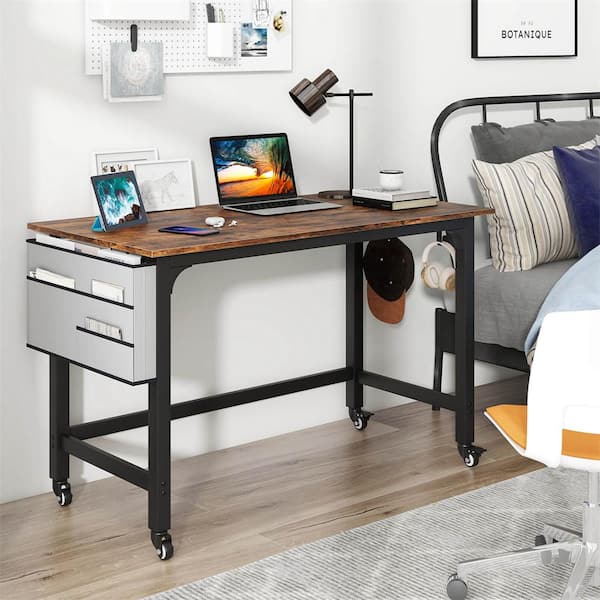47.5 in. Rectangule Brown Wood Rolling Computer Desk Metal Frame LapTop Table Study Workstation