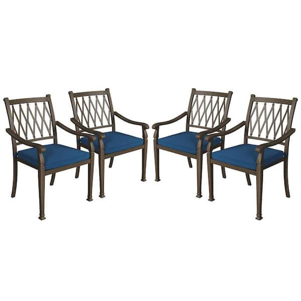 Mondawe Brown Cast Aluminum Metal Outdoor Patio Stackable Rural Style Dining Chair with Blue Cushion for Yard Gazebo (4-Pack)