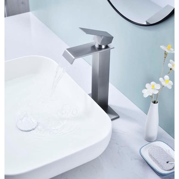 Waterfall Single Hole Single Handle Bathroom Vessel Sink Faucet with Pop-Up Drain Assembly in Brushed Nickel
