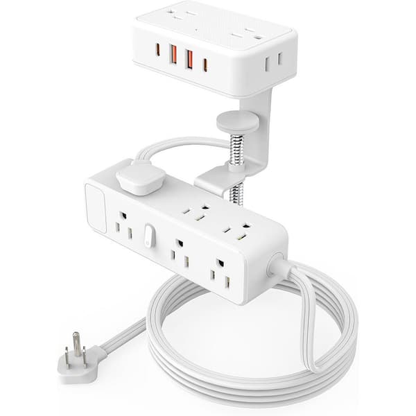 Yichuhaoxi Dual Layer Desk Clamp 10 ft. Power Strip, White Desktop Edge Mount Charging Station with 13 Outlets 4 USB Ports in White