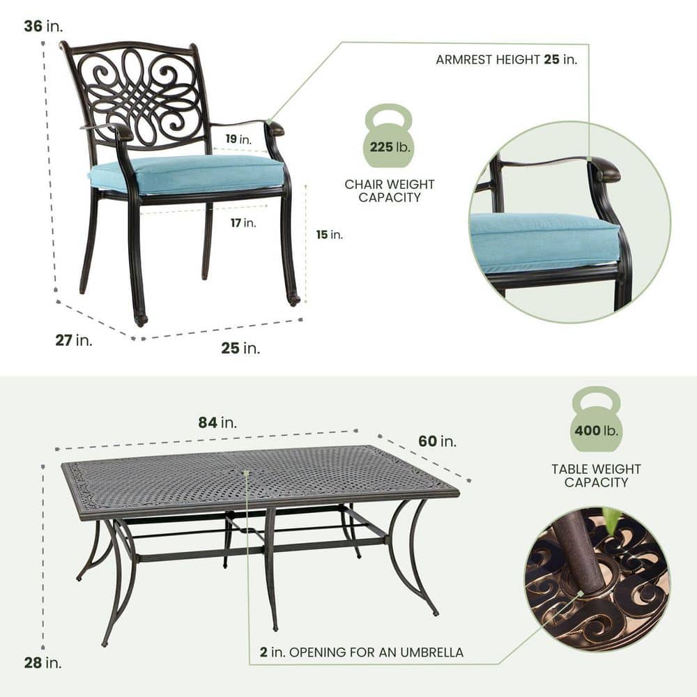 Hanover Traditions Elegant Bronze 11-Piece Outdoor Dining Set with Blue Cushions