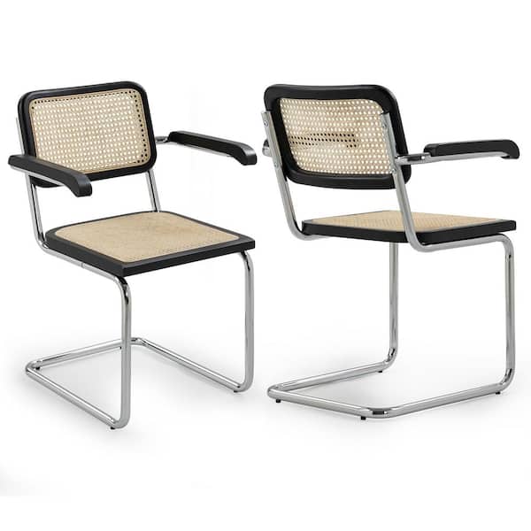 Glamour Home Barnard Black Wooden Dining Chair with Rattan Back and Chrome Legs Set of 2