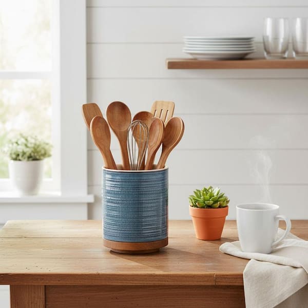 Blue Ceramic 7.6 in. 360° Rotating Kitchen Cooking Utensil Holder