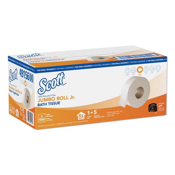 Scott Essential 100% Recycled Fiber JRT Toilet Paper, Septic Safe, 2-Ply, White, 1000 ft, 4 Rolls/Carton