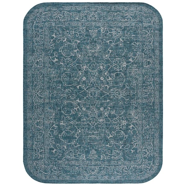 Courtyard 8 ft. x 10 ft. Navy/Ivory Border Floral Scroll Indoor/Outdoor Area Rug