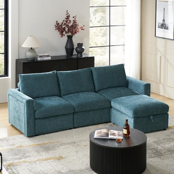 JAYDEN CREATION Andrea 98.25 in. W Straight Arm 4-piece Polyester Storage Sectional Sofa in Green With Multi-Functional Armrests