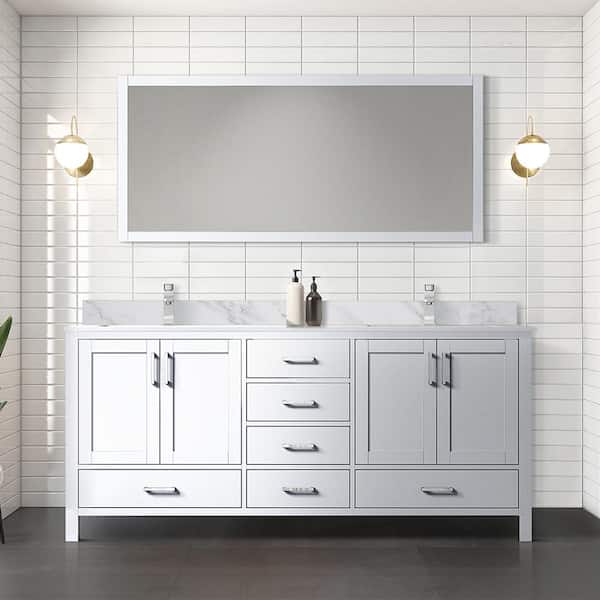 Lexora Jacques 72 in. W x 22 in. D White Double Bath Vanity without Top and 70 in. Mirror