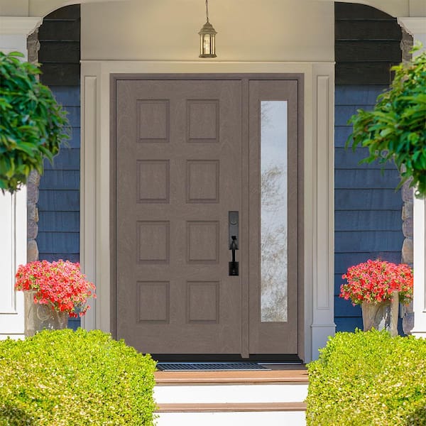 Regency 57 in. x 80 in. 8-Panel LHIS Ashwood Stain Mahogany Fiberglass Prehung Front Door with 12 in. Sidelite