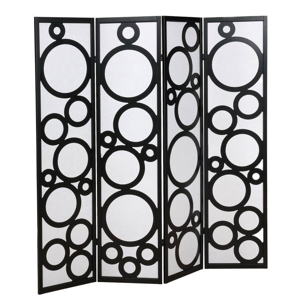 70 in. W x 70 in. H Black 4-Panel Wood Room Divider with Circle Pattern, Solid Wood Frame Freestanding